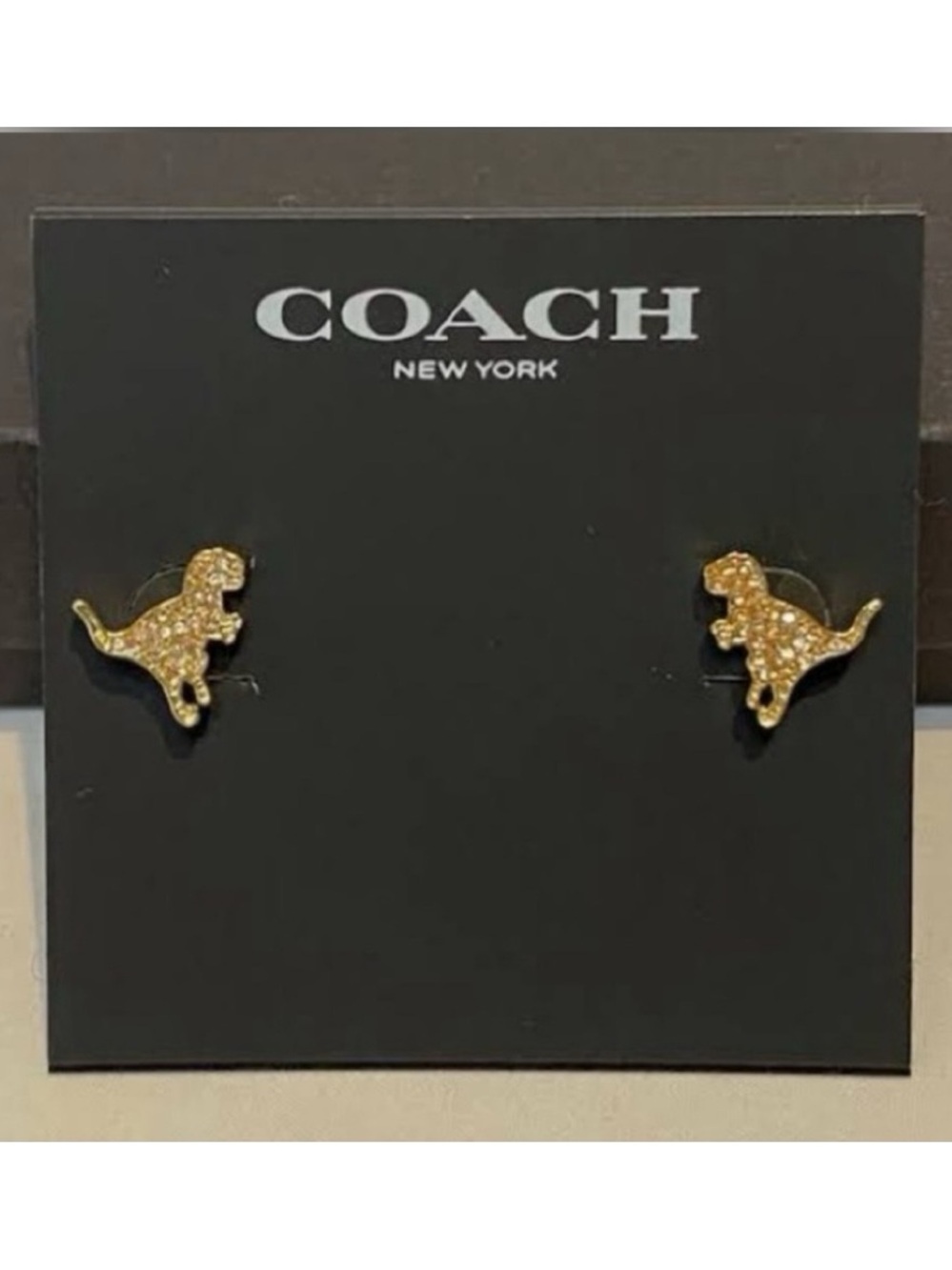 🦖NWT COACH Gold Rexy Crystal Stud Earrings T-Rex Dinosaur w/ Dust Bag